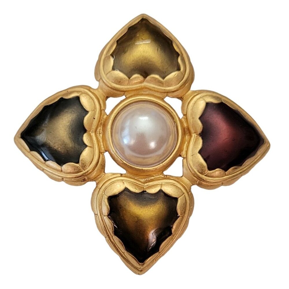 Anne Klein Matte Gold Tone Heart Enamel Faux Pearl Maltese Cross Brooch, E991